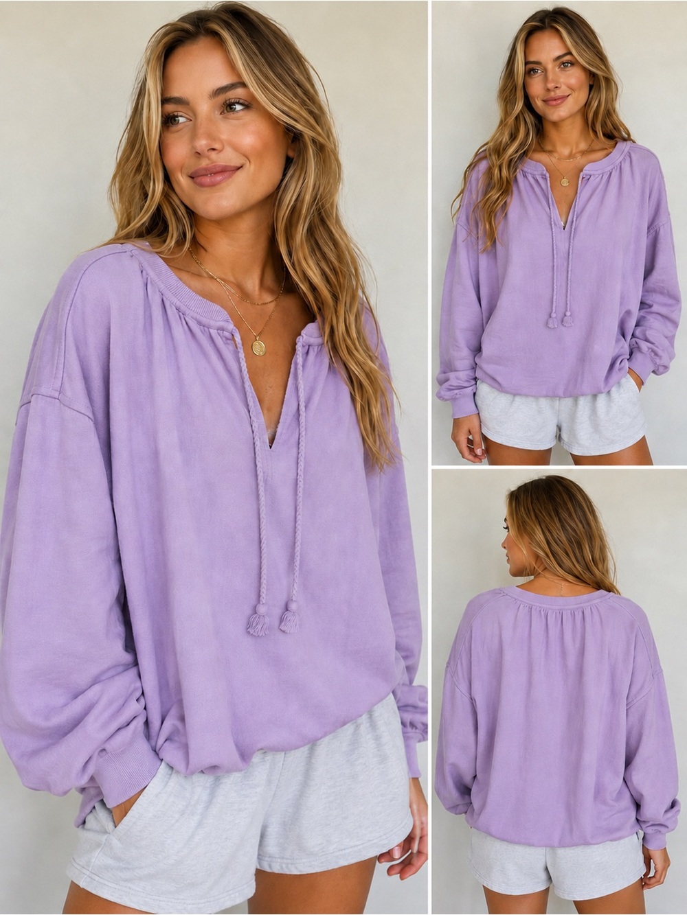 aerie Lavender Pullover V-Neck Drawstring Long Sleeve
